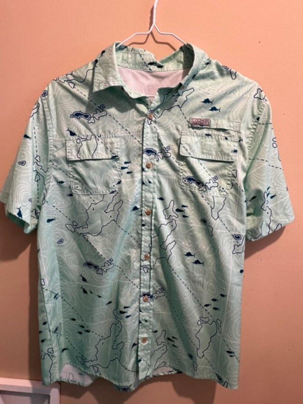 Boys fishing style shirt, Mint grn., w/map and fish print